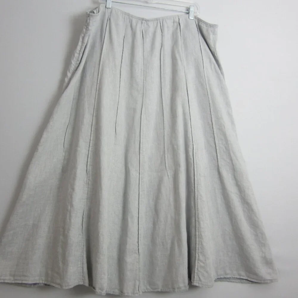 J Jill Womens Plus 22 Gray Silver Linen Metallic Panel Midi Flare Skirt Classic - Picture 2 of 13